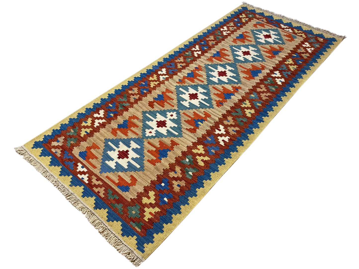 Ethno Kelim Teppich mit Diamantmotiven in Blau und Beige 203x84