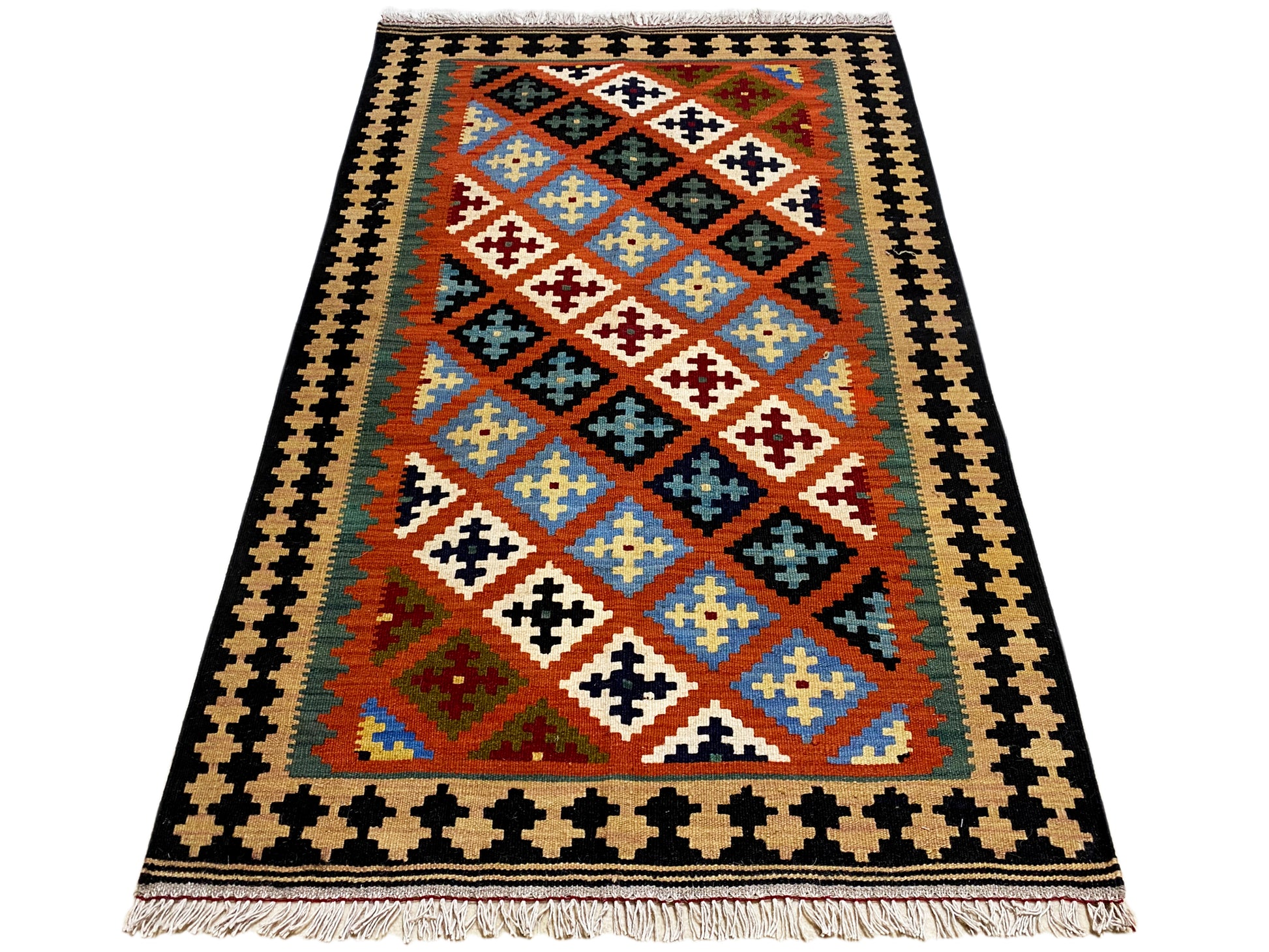 Orange Kelim Teppich im Ethno Stil mit blauen und cremefarbenen Akzenten