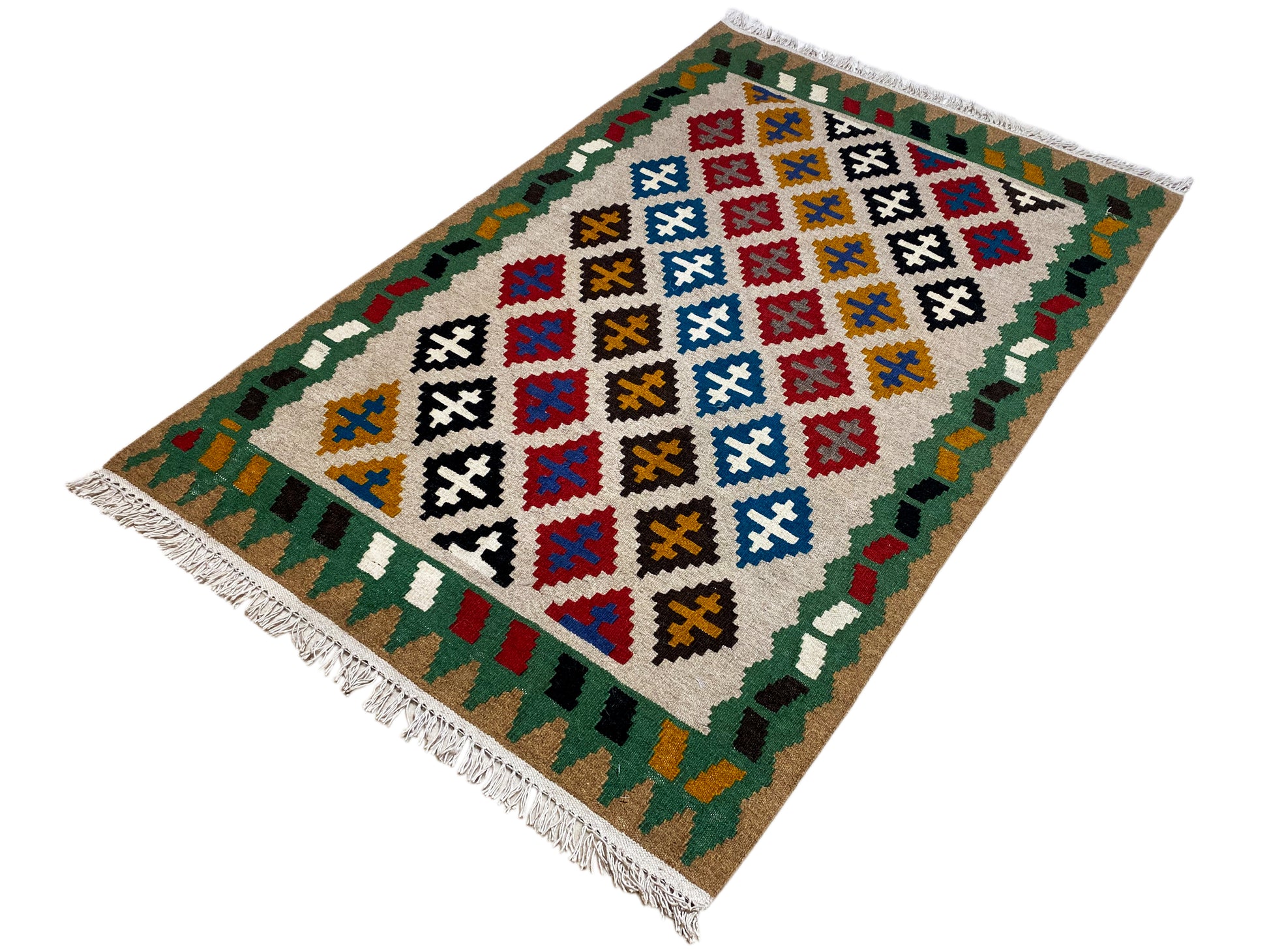 Traditioneller Kelim Teppich Qashqai handgewebt mit Rauten Design