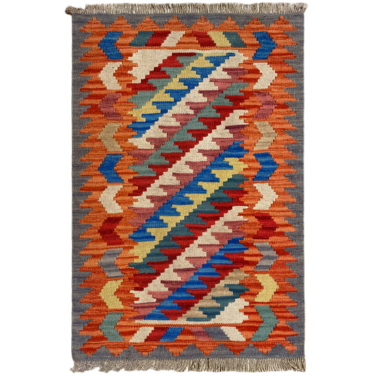 Handgewebter Kelim Qashqai Teppich in Orange 121x78 cm aus handversponnener Wolle