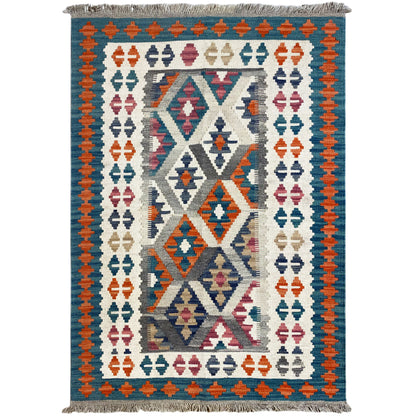 Handgewebter Kelim Qashqai Teppich in Blau, 152x104 cm aus Naturwolle