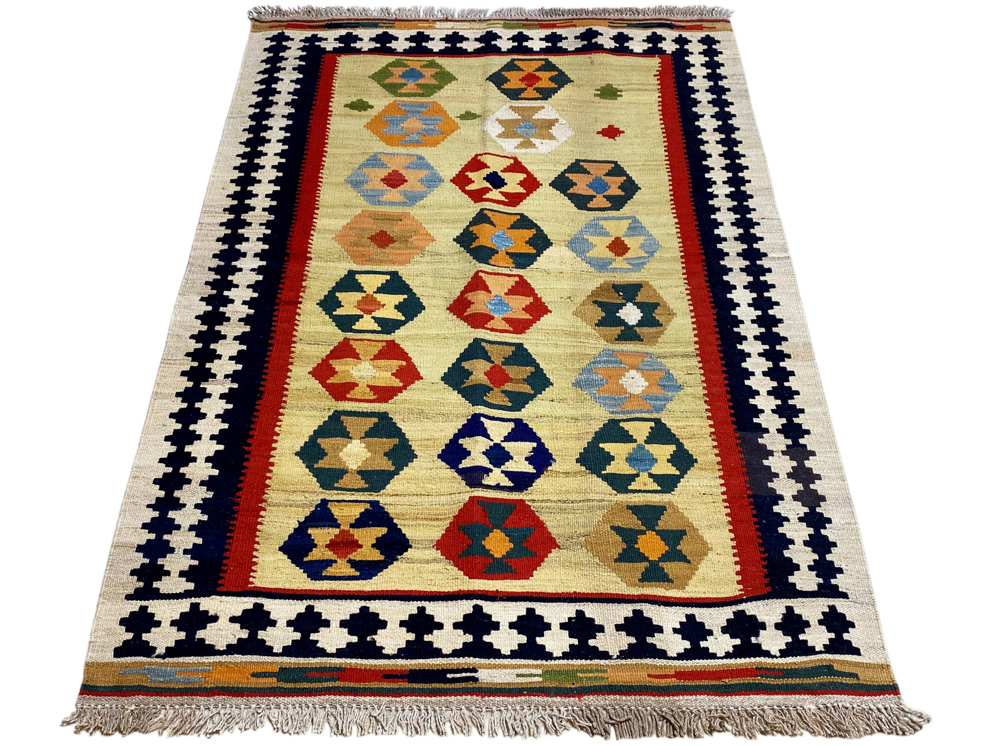 Boho Ethno Kelim Teppich beige mit traditionellem geometrischem Muster