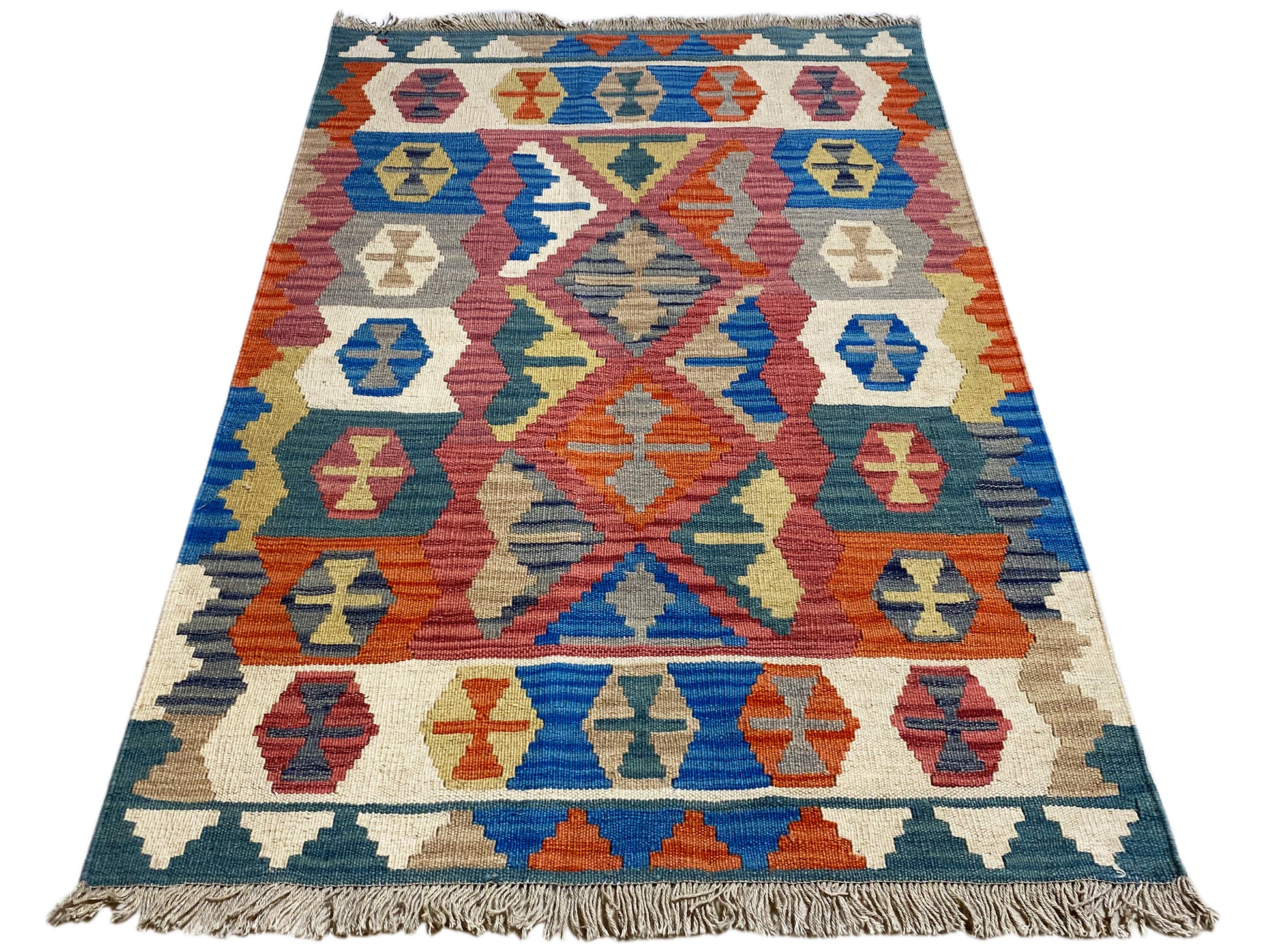 Boho Kelim Teppich handgewebt, Blau Rot Beige Design