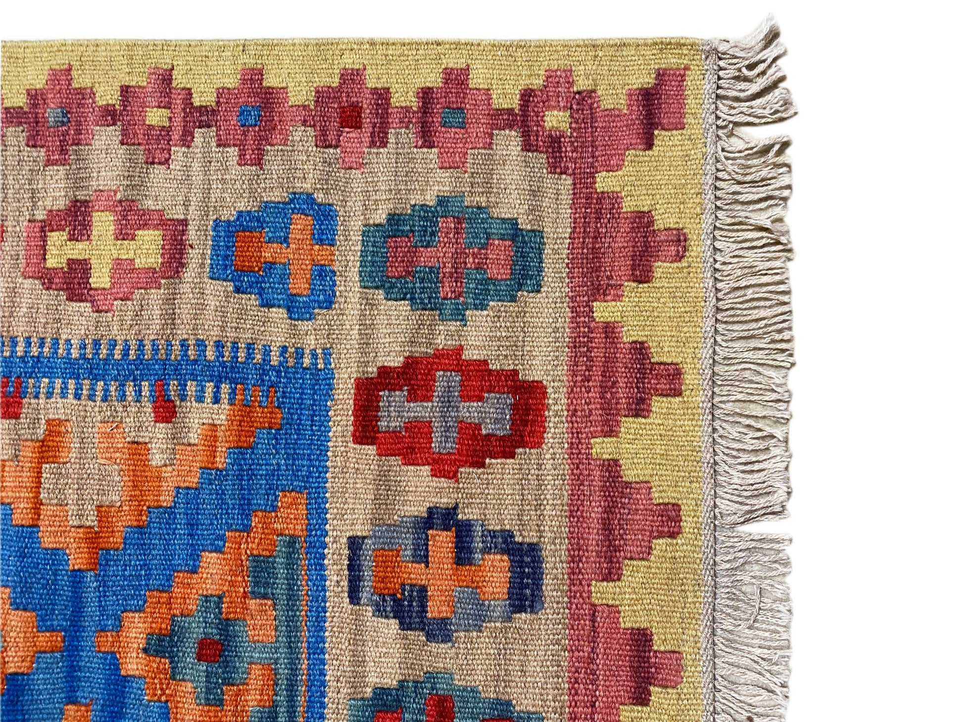 Vintage Kelim Teppich aus 100% Wolle, beige Grundton mit bunten Ornamenten