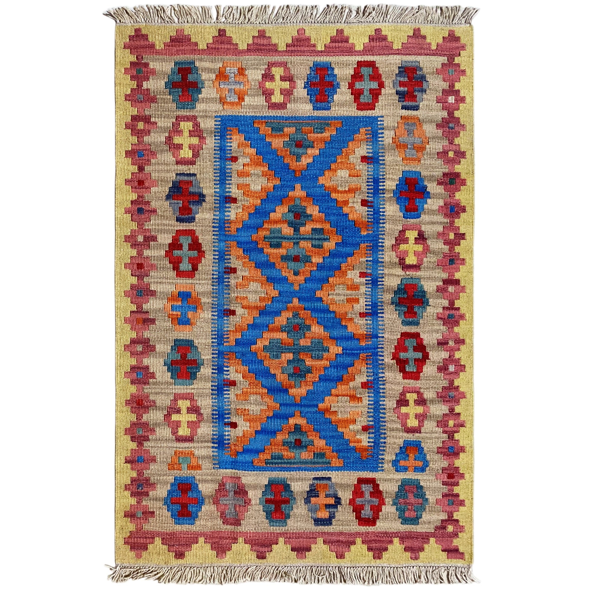 Handgewebter Qashqai Kelim Teppich beige mit blauem X-Muster 142x84 cm