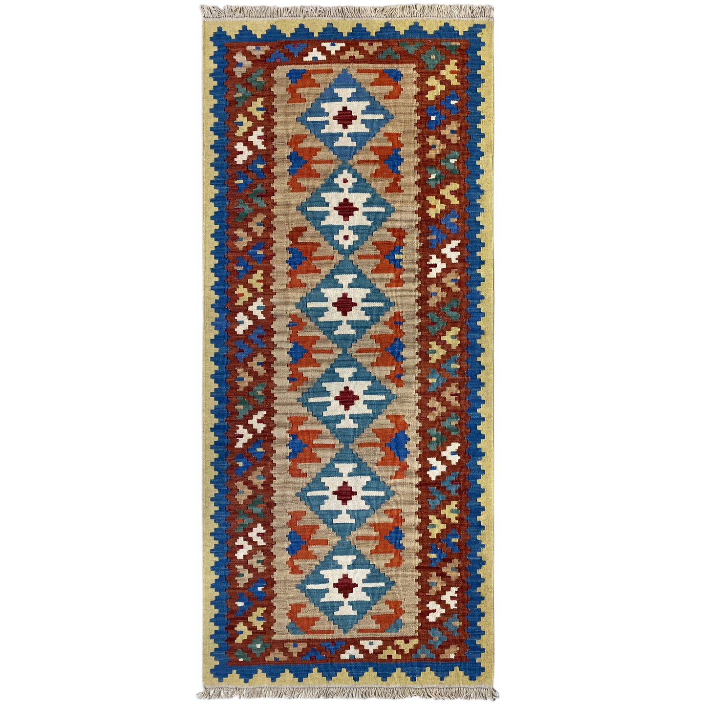 Handgewebter Kelim Qashqai Teppich blau-beige 203x84 cm Läufer