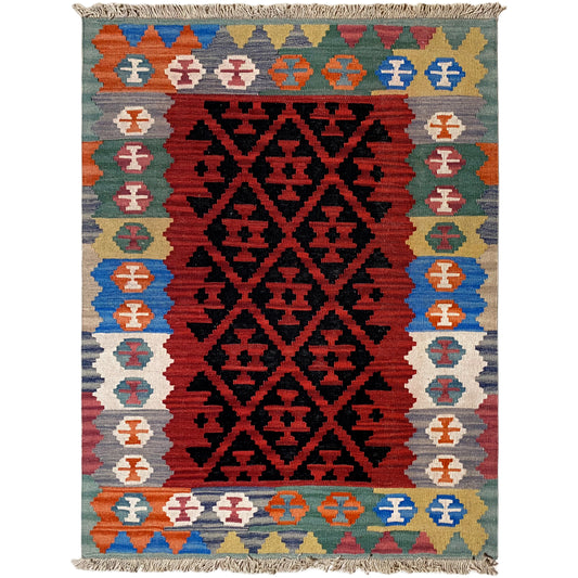 Handgewebter Kelim Qashqai Teppich rot 145x106 cm mit geometrischem Rautenmuster