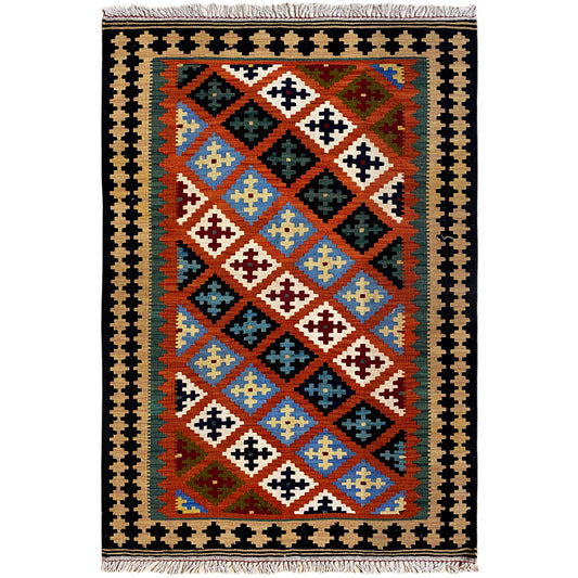 Kelim Qashqai Teppich orange 155x101 cm handgewebt mit geometrischem Rautenmuster