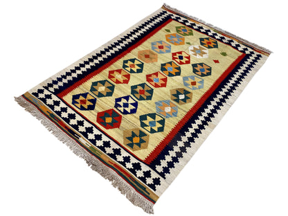 Geometrischer Kelim Teppich 145x104 cm in Naturtönen mit farbigen Details